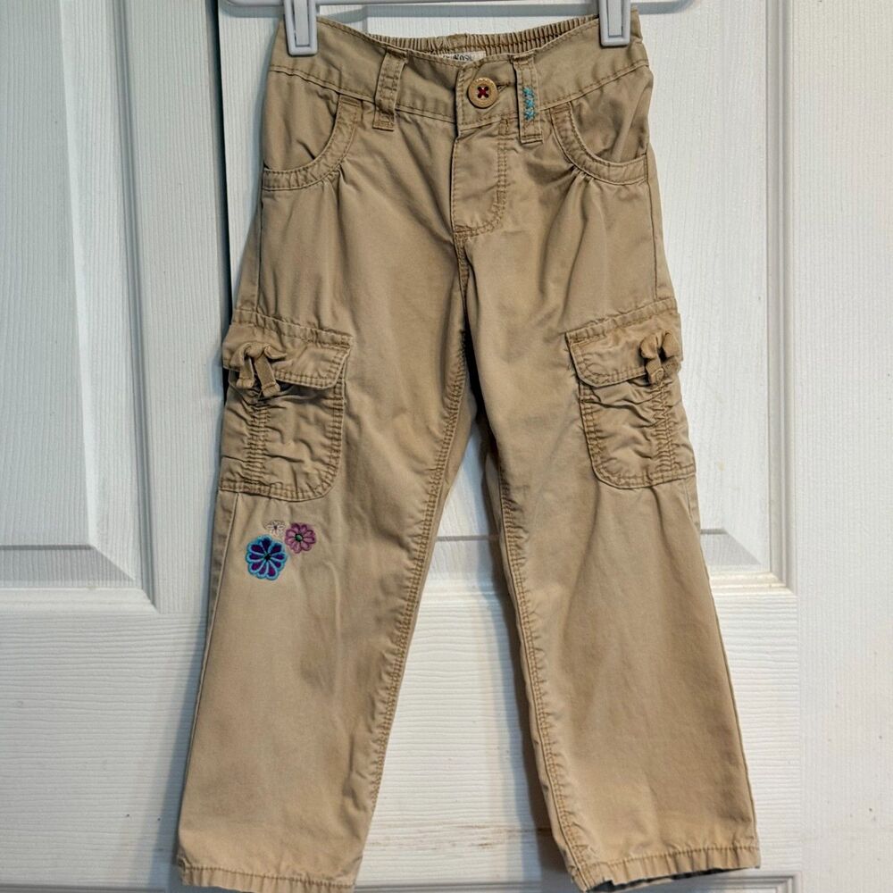 Vintage Y2K OshKosh B'gosh Girls Khaki Cargo Pants Embroidered Flower 3T